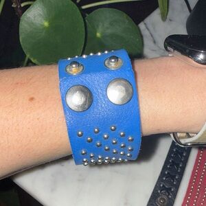 Blue Studded Leather Wristband